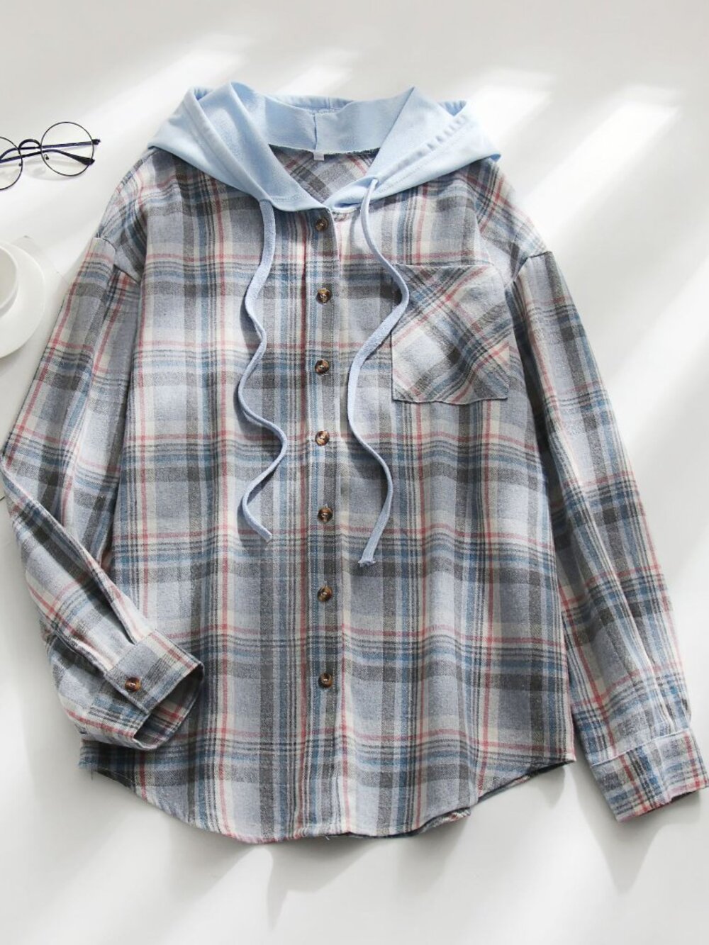 Women's Sky Blue Plaid Hooded Pullover Shirt Casual Long Sleeve Top